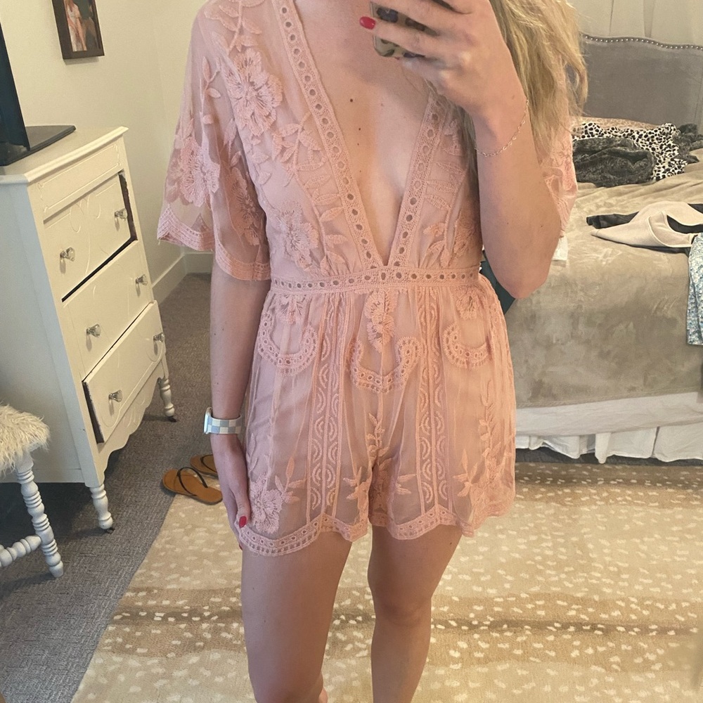 Light pink embroidered floral romper